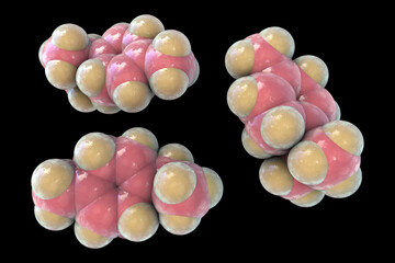 Gamma-terpinene molecule, 3D illustration. Naturally occurring organic compound found in essential oils of lime, mandarin, marjoram, tea tree, and other plants. Has antiseptic, antifungal properties