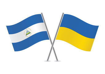 The Republic of Nicaragua and Ukraine crossed flags. Nicaraguan and Ukrainian flags on white background. Vector icon set. Vector illustration.
