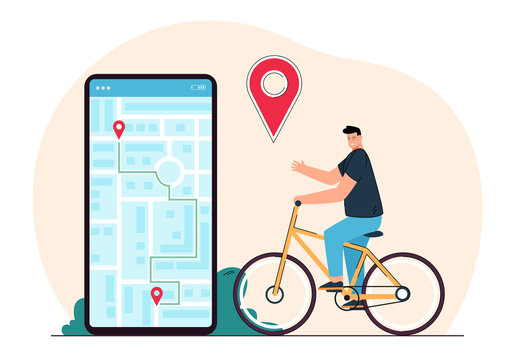 Man using electronic maps to find route. Cyclist looking at mobile phone with maps app. Technology, active lifestyle concept for website or landing page concept for website or landing page