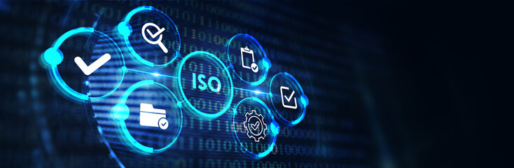 ISO Standard certification standardization quality control concept on screen. 3d illustration