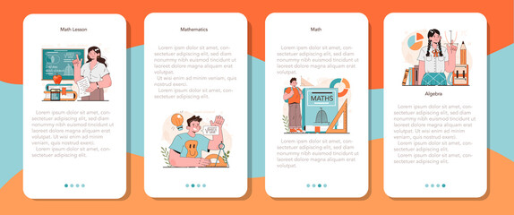 Math school subject mobile application banner set. Students studying