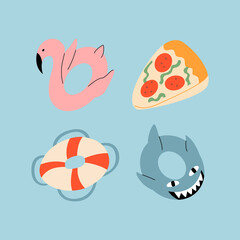 Set of cute rubber rings and toys for pool and sea. Beach accessory. Flamingo, shark, lifebuoy, pizza. Vector flat illustration on isolated background
