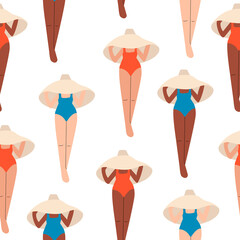 Seamless pattern with diverse women with big straw hats and swimsuits. Diversity equality concept. Summer vector background
