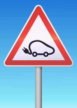 Warning sign of an electric car danger on a blue sky