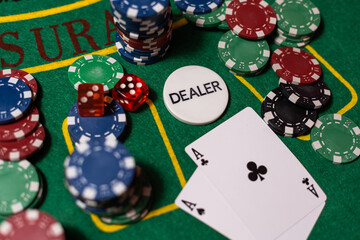 cards on a green cloth Casino table