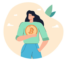 Girl holding bitcoin coin in hands flat vector illustration. Woman buying cryptocurrency, investing money. Banking, payment, digital money concept for banner, website design or landing web page