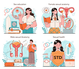 Sexual education concept set. Sexual health lesson for young people.