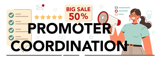 Promoter coordination typographic header. Manager guiding employees