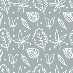 Seamless pattern with fall botanicals in a white line on a gray background.Repeating,floral print in a minimalist style.Designs for textiles,wrapping paper,fabric,packaging.