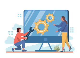 Repair abstract concept. Troubleshooting and rehabilitation. Character dealing