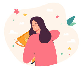 Girl hugging golden cap flat vector illustration. Woman celebrating contest victory or win, holding trophy. Achievement, award, champion, success concept for banner, website design or landing web page
