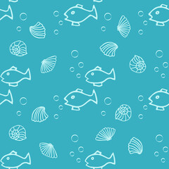 Seamless pattern with fish icons, shells on a blue background.