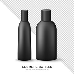 Mock up of closed cosmetic or medicine plastic bottles with lid. Big and small 3D black containers for shampoo, gel, bath foam, spray, moisturizer, lotion, cream, etc. Blank skincare product template