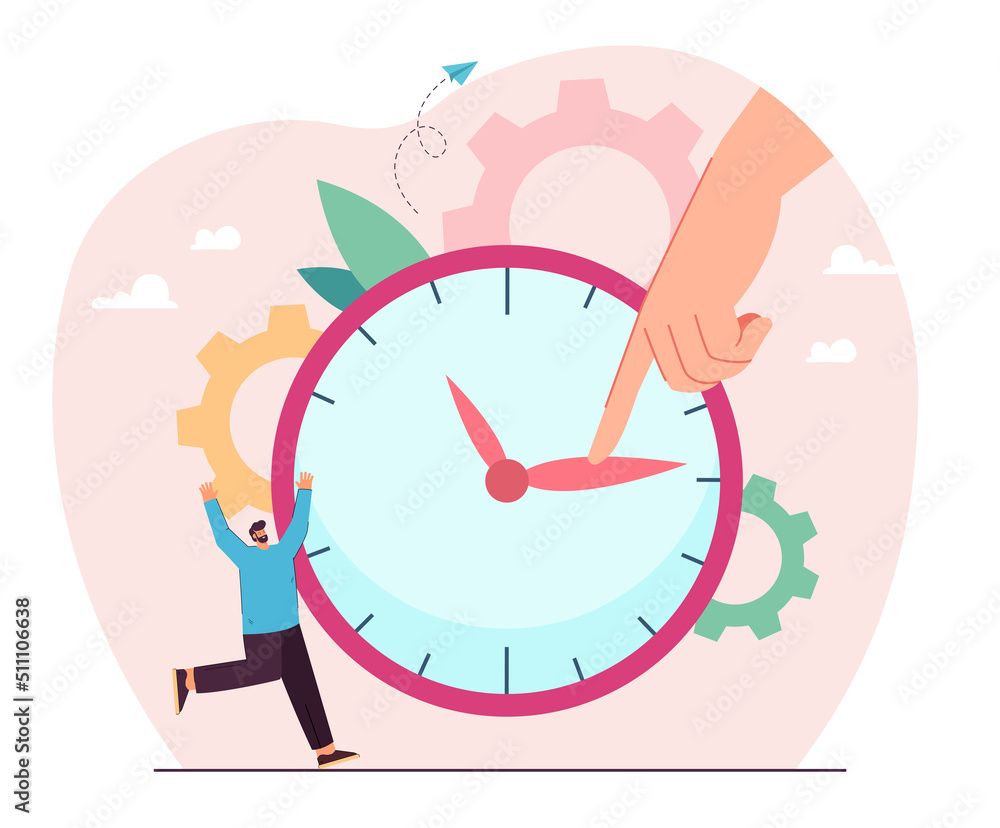 Poster man being late with work. tiny male character running in front of big clock. deadline, time manageme