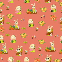 Cute Spring seamless pattern on pink background with cute bunnies, tasty peaches and gardening tools. Great for fabric, wallpaper, textile, wrapping. Vector illustration.