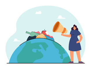Girl with loudspeaker and pile of waste on planet. Woman taking care of environment, saving planet flat vector illustration. Ecology, pollution concept for banner, website design or landing web page