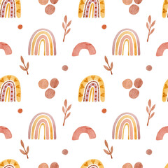 Watercolor seamless pattern with orange and pink rainbows with ornaments, dots and leaves. Design for baby textile, print, nursery decor, children decoration, kids room. 