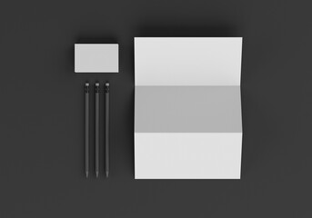 Base white stationery mockup, template for branding identity on a black background for graphic designers presentations and portfolios. 3D rendering.