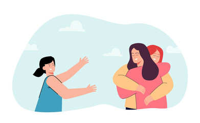 Kid extending arms to hugging girls flat vector illustration. Girl calling for love and attention. Friendship, togetherness concept for banner, website design or landing web page