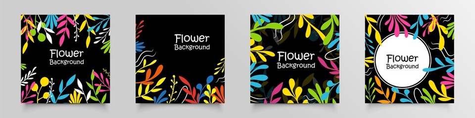 Trendy abstract square templates with floral observations black background