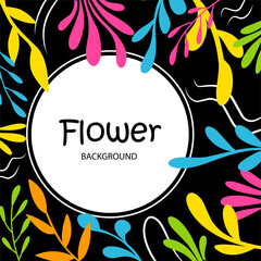 Fototapeta na wymiar Floral herbal bright black template with circle for text. for social media posts, cards, invitations, banner design.