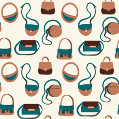 Seamless pattern with different types of bags. Design for wrapping paper or textile.  Colorful  vector illustration in flat style. 