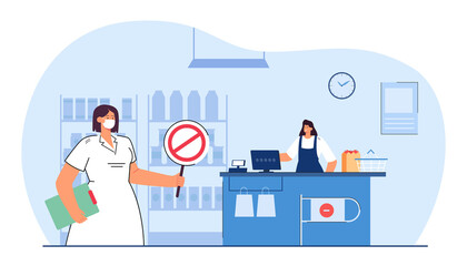 Woman in facial mask in shop with stop sign. Cashier without mask violating health regulations standards flat vector illustration. Healthcare concept for banner, website design or landing web page