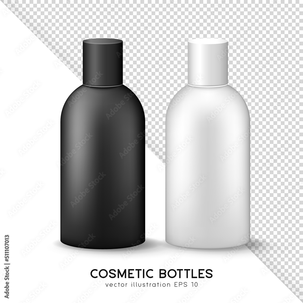 Wall mural mock up of closed cosmetic or medicine plastic bottle with lid. set of 3d black and white glossy con