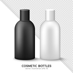 Mock up of closed cosmetic or medicine plastic bottle with lid. Set of 3D black and white glossy container for shampoo, gel, bath foam, moisturizer, lotion, cream, etc. Blank skincare product template