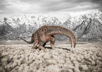 alamosaurus is eating in the plains and mountains cool view