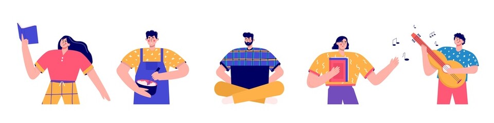 Trendy people playing guitar, read book, gardening, gaming, blogging, podcasting . Set of man and woman enjoying their hobbies, work, leisure. Vector illustration in flat cartoon style.