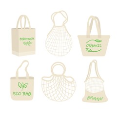 Eco shopping bag with vegetables, fruits and healthy drinks. Dairy food in reusable eco friendly shopper net. Zero waste, plastic free concept. Flat trendy design