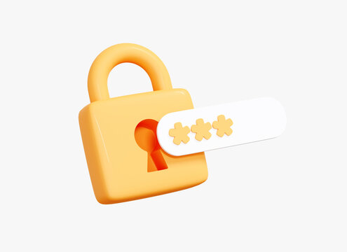 3D Locked padlock with password. Golden Lock and PIN code entry. Security and safety. Cyber Privacy concept. Cartoon creative icon design for web and app isolated on white background. 3D Rendering