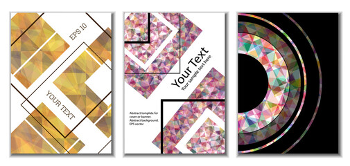Cover design. Set of 3 covers. Imitation of crumpled paper. Unusual bright abstract background for magazine, book, splash, banner, vector. Imitation of crumpled paper