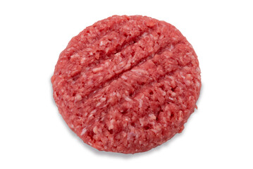 Raw fresh beef burgers for hamburger isolated on white, clipping path included, top view