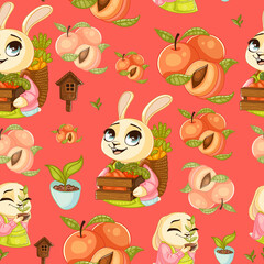 Cute Spring seamless pattern on a pink background with cute bunnies, delicious peaches, flowers and plants. Texture for scrapbooking, wrapping paper, invitations. Vector illustration.