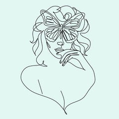 Continuous line of woman with butterfly Surreal Face, minimalist drawing of faces, fashion concept, Logo female beauty, Modern portrait