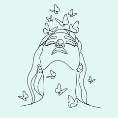 Continuous line of woman with butterfly Surreal Face, minimalist drawing of faces, fashion concept, Logo female beauty, Modern portrait