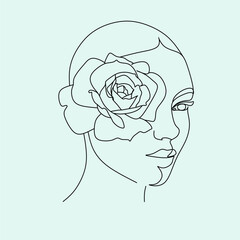woman face with rose flower. Continuous drawing of flower head eauty salon logo. Feminine portrait with roses