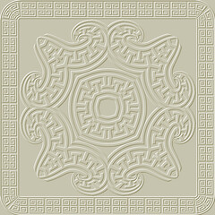 Floral embossed 3d greek seamless pattern. Vector textured light background. Ancient emboss square frame, border, mandala, flowers. Relief surface 3d greek meanders ornaments. Endless grunge texture