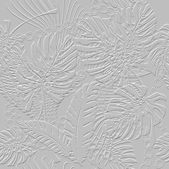 Embossed tropical palm leaves 3d seamless pattern. Tropic leaves relief white background. Repeat textured white backdrop. Surface emboss leaves. 3d ornament with chains, lines.  Leafy endless texture - obrazy, fototapety, plakaty