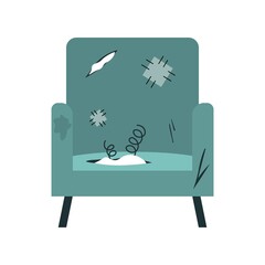 Old and broken armchair. Broken chair with springs and holes. Furniture in garbage dump. Holey blue armchair with patches. Flat vector illustration isolated on white background.