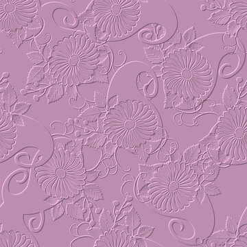 3d embossed floral Paisley seamless pattern. Textured beautiful flowers relief background. Repeat emboss backdrop. Surface leaves, branches. 3d paisley flowers artistic ornament with embossing effect.