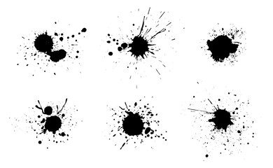 Black ink splatter isolated on white background. Watercolor paint brush texture. Ink splash and stain set. Grunge spray drop spatter, dirty blot splatters and splat. Abstract splash blobs