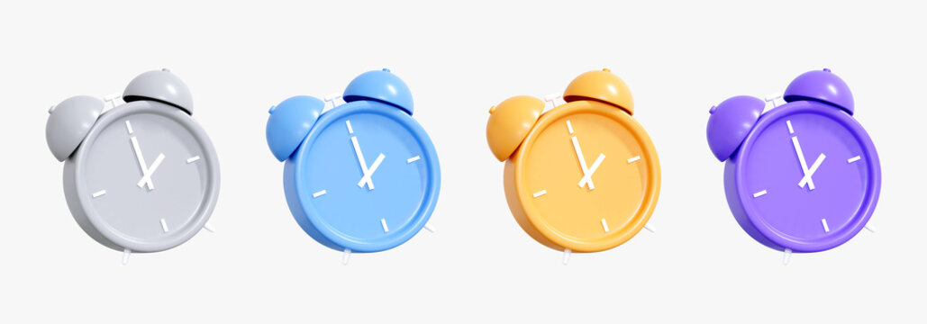 3D Cartoon Alarm Clock icon collection. Time concept. Colored vintage clock. Wake up time. Creative minimal design badge set isolated on white background. Realistic elements. 3D Rendering