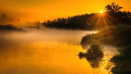 Fototapeta Wschód słońca nad rzeką Wartą. Słońce, mgła i rzeka o świcie obraz