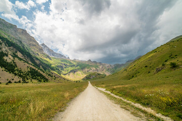 Excursion through the Otal Valley in a day with gray clouds, Ordesa y Monte Perdido national park.