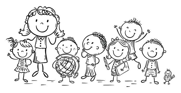 Happy schoolkids with their teacher, school or kindergarten, outline illustration clipart