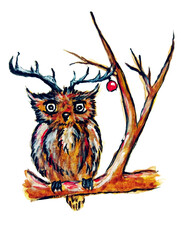 Illustration of an owl - a deer on a branch. A red-brown owl with Christmas deer antlers sits on a branch, the ball is a decoration, and the holiday is waiting.