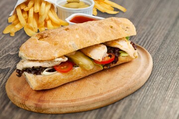 Tasty cheese sandwich made with cheese and onions with french fries